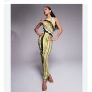 AFRM Power Mesh Maxi Dress Green Abstract Ruched One Shoulder Bodycon M